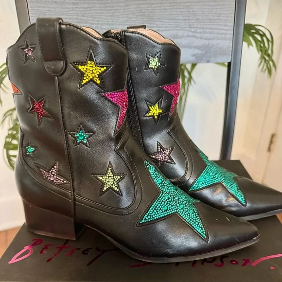Betsey Johnson Edison Black Rhinestone Star Women's Boots  Size 8.5 - Picture 3 of 10